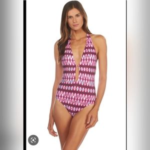 Kenneth Cole Berry Ikat in the Act V-Plunge Halter One Piece Swimsuit Small